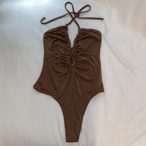 Brown Slinky Ruched Cross Over Halterneck Cut Out Bodysuit